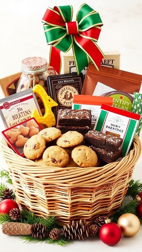Delicious Christmas Baking Gift Basket Ideas A festive Christmas baking gift basket with cookies, brownies, and baking supplies, decorated with a ribbon.